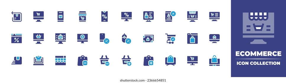 Ecommerce icon collection. Duotone color. Vector illustration. Containing online store, online shopping, online shop, ecommerce, return box, buy, list, smartphone, computer, cart, box, money, online.