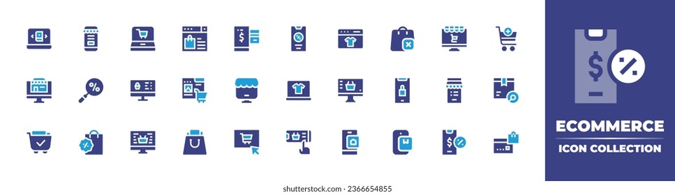 Ecommerce icon collection. Duotone color. Vector illustration. Containing online shopping, shopping cart, search, smartphone, payment, online store, book, online shop, shopping online, marketplace.