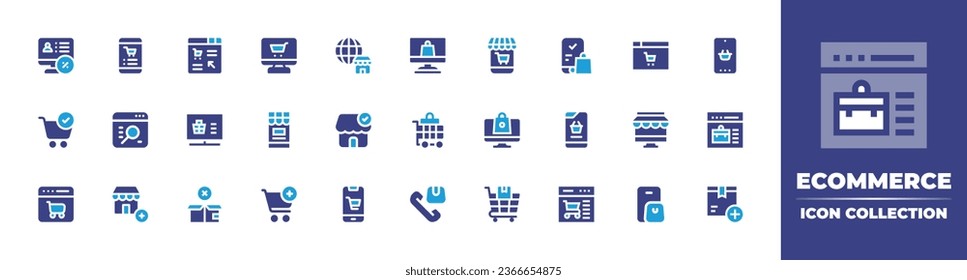 Ecommerce icon collection. Duotone color. Vector illustration. Containing ecommerce, search engine, online shopping, store, official store, shopping cart, mobile shopping, customer support, box, add.