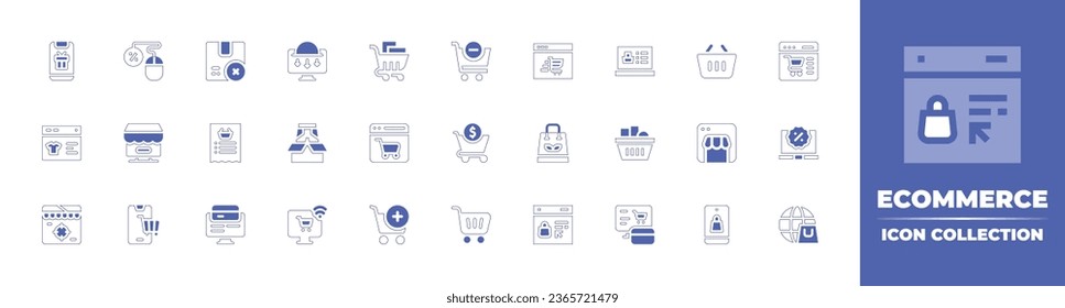 Ecommerce icon collection. Duotone style line stroke and bold. Vector illustration. Containing purchase, shopping cart, add to cart, shopping basket, online shopping, web, laptop, ecommerce, shopping.