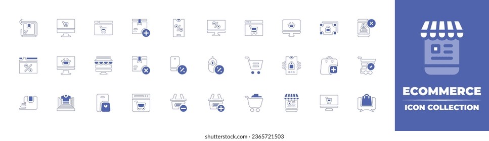 Ecommerce icon collection. Duotone style line stroke and bold. Vector illustration. Containing online shop, online shopping, online store, shopping cart, ecommerce, mobile store, box, cancel, return.