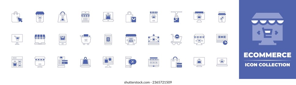 E-Commerce-Symbol-Sammlung. Duotone Stil Linie Strich und fett. Vektorgrafik. Mit Shopping, Smartphone, Online-Shopping, Online-Apotheke, Online-Marketing, Zahlung, Einkaufswagen, Rückerstattung.