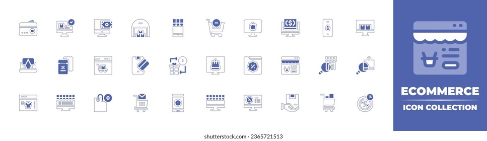 Ecommerce icon collection. Duotone style line stroke and bold. Vector illustration. Containing ecommerce, empty cart, warehouse, online payment, shopping cart, credit card, online shopping, buy.