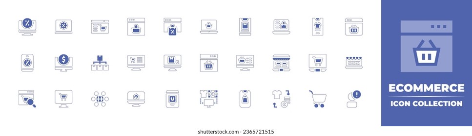 Ecommerce icon collection. Duotone style line stroke and bold. Vector illustration. Containing online shopping, distribution, online, ecommerce, online shop, computer, discount, smartphone, trade.