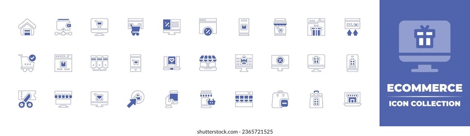 Ecommerce icon collection. Duotone style line stroke and bold. Vector illustration. Containing broswer, server, marketing online, ecommerce, online shopping, buy, home, order, web, coupon.