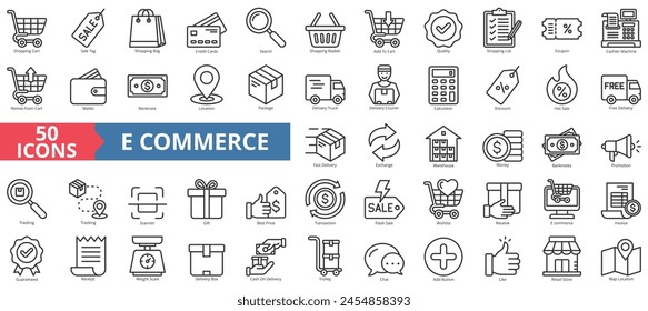 Ecommerce icon collection set. Containing shopping cart, sale tag, bag, credit cards, search, basket, quality icon. Simple line vector.