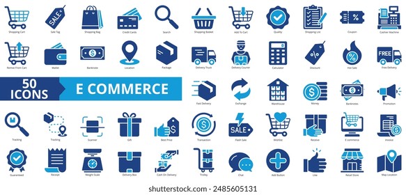 Ecommerce icon collection set. Containing shopping cart, sale tag, bag, credit cards, search, basket, quality icon. Simple flat vector.