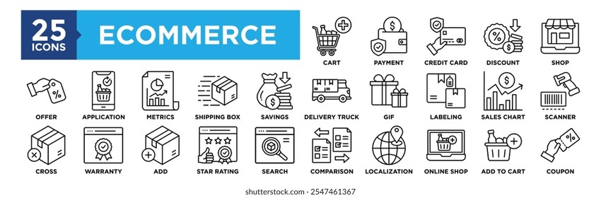 Conjunto de coleções de ícones de comércio eletrônico. Contendo Carrinho de design, Pagamento, Cartão de crédito, Desconto, Loja