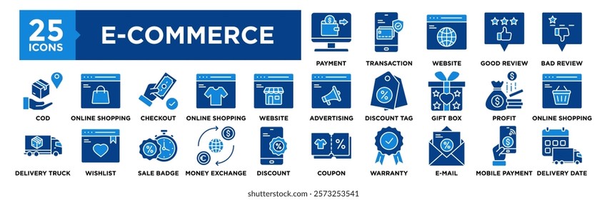 E-Commerce icon collection set. Containing design Payment, Transaction, Website, Good Review, Bad Review	