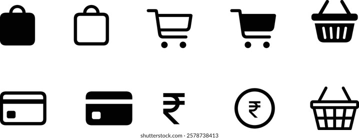 Ecommerce icon collection set. Containing shopping cart, bag, credit cards, basket icons. Simple flat vector.