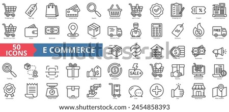 Ecommerce icon collection set. Containing shopping cart, sale tag, bag, credit cards, search, basket, quality icon. Simple line vector.