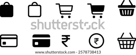 Ecommerce icon collection set. Containing shopping cart, bag, credit cards, basket icons. Simple flat vector.