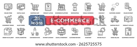 e-commerce icon collection set. Containing online store, digital sales, shopping cart, product listing, ecommerce platform, dropshipping model and mobile commerce icon. Simple line vector. 
