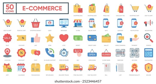 Conjunto de coleções de ícones de comércio eletrônico..Conceito de ilustração do vetor de comércio eletrônico.