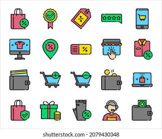Ecommerce Icon Color Thin Line Set Online Retail Store Business Symbol Isolated on White Background