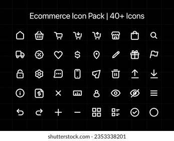 Icon Pack für den elektronischen Geschäftsverkehr | 40 Symbole, die auf einem 24px-Raster entworfen wurden, auf 8x dargestellt. Shopping-Icons für Ihr nächstes Grafikprojekt, Ihre Website und Ihr mobiles App-Design. Dunkler Modus