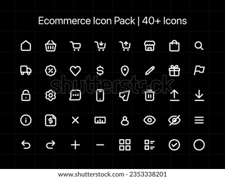 Ecommerce Icon Pack | 40 Icons designed on a 24px grid, presented at 8x. Shopping Icons for your next graphic project, website, and mobile app design. Dark Mode