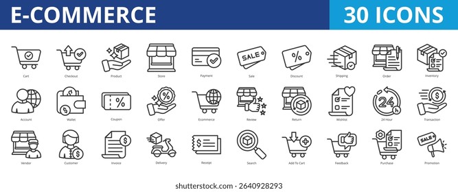Ecommerce icon pack collection set with cart, checkout, product, store, payment, sale, discount, shipping, order, inventory, account, wallet, coupon, offer, ecommerce, review, return, wishlist