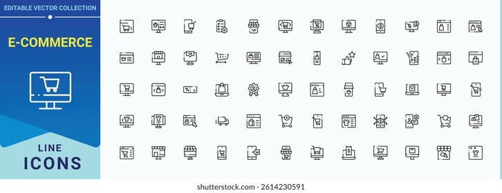 E-Commerce icon pack. It contains symbols to shipping, shop, business, market, web, sale and more. Online Sales icon set. Minimalist linear icons. Art and illustration.