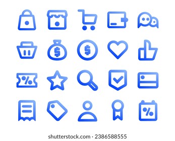 E-Commerce Icon Pack in Gradient Outline Stil. Perfekt für Websites, Landing Pages, Mobile Apps, Präsentationen und andere Projekte. Geeignet für Benutzerschnittstelle und Benutzererlebnis UI UX.