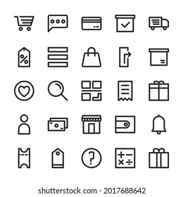 Ecommerce icon pack. in line style. which contains icons like Cart, Shopping bag, credit card, bubble chat, discount, delivery, shop, wallet, payment etc. suitable for your project needs.