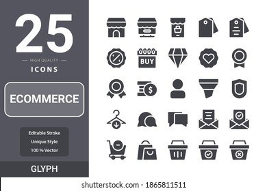 Ecommerce icon pack for your web site design, logo, app, UI. Ecommerce icon glyph design. Vector graphics illustration and editable stroke. EPS 10.