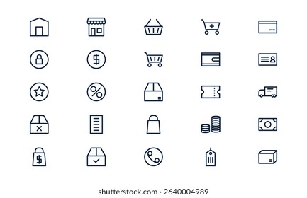 Ecommerce icon representing online shopping, digital sales, and internet commerce in outline style