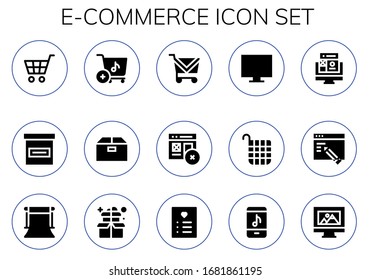 conjunto de iconos de comercio electrónico. 15 iconos de comercio electrónico. Incluye carro de compra, caja, web, tienda en línea, cesta, diseño web, fondo, lista de deseos, iconos de tienda en línea