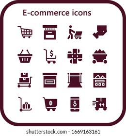 conjunto de iconos de comercio electrónico. 16 iconos de comercio electrónico. Incluye carro de compra, caja, compras, método de pago, cesta de compras, carro, fondo, página de aterrizaje, iconos de carro de entrega