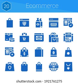 conjunto de iconos de ecommerce. 20 iconos rellenos en el ecommerce del tema. colección de pagos, web, sitio web, Internet, bolsa de compras, sitio web