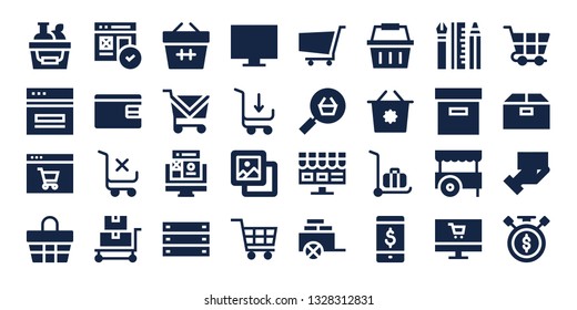 e-commerce icon set. 32 filled e-commerce icons. on blue background style Simple modern icons about  - Shopping basket, Web, Online shop, Basket, Billfold, Shopping cart, Trolley