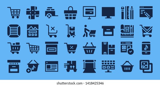 e-commerce icon set. 32 filled e-commerce icons. on blue background style Collection Of - Shopping cart, Boxes, Box, Landing page, Basket, Cart, Web, Trolley, Online store, Shopping