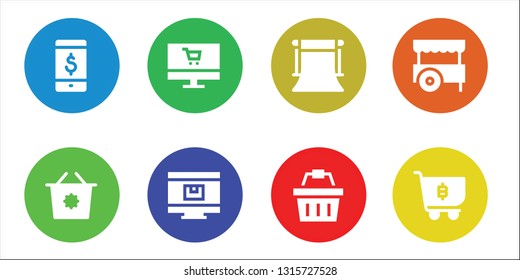e-commerce icon set. 8 filled e-commerce icons.  Simple modern icons about  - Online shop, Shopping basket, Background, Cart, Shopping cart