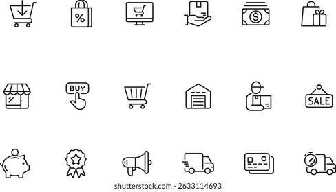 Conjunto de iconos de comercio electrónico: Vector blanco y negro eps 10 iconos para compras en línea y tiendas minoristas, tienda