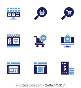 Ecommerce icon set. Bold style. Duotone colors. online shop, commerce, shopping cart, online shopping, marketplace, online payment.