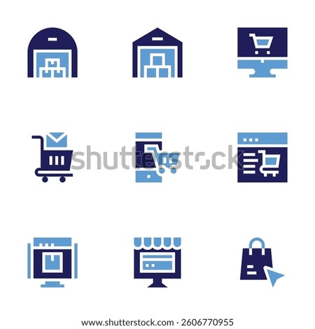 Ecommerce icon set. Bold style. Duotone colors. warehouse, shopping cart, webpage, shopping online, online shop, online payment, buy.