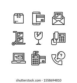 Ecommerce icon set = Box Delivery, Online Payment, News Delivery, Trolley Box, Fragile, Telephone, Laptop Delivery Email, ATM and Ask Telephone