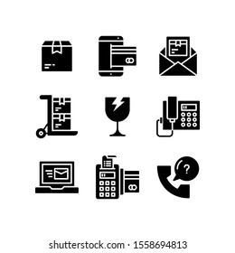 Ecommerce icon set = Box Delivery, Online Payment, News Delivery, Trolley Box, Fragile, Telephone, Laptop Delivery Email, ATM and Ask Telephone