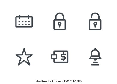 Icono de Ecommerce con un ícono de Calendario, bloqueo, desbloqueo, estrella, cartera y timbre