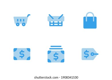 Icono de Ecommerce con carro, canasta, bolsa de compras, dinero, pago y etiqueta de precio. estilo plano