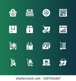 e-commerce icon set. Collection of 16 filled e-commerce icons included Shopping basket, Shopping online, Delivery cart, Trolley, Box, Web design, Shopping cart, At