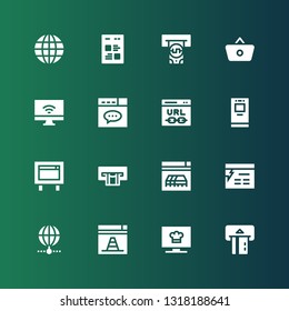 ecommerce icon set. Collection of 16 filled ecommerce icons included Atm, Channel, Website, Internet, Url, Shopping basket, Web