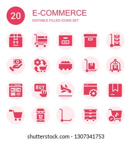 e-commerce icon set. Collection of 20 filled e-commerce icons included Box, Shopping cart, Trolley, Payment method, Commerce, Delivery cart, Cart, Web design, Buy, Landing page