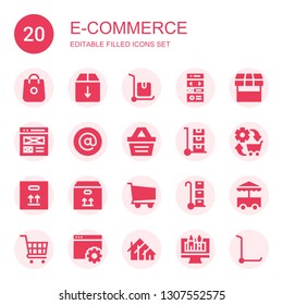 e-commerce icon set. Collection of 20 filled e-commerce icons included Shopping, Box, Delivery cart, Landing page, Market, Web design, At, Shopping basket, Trolley, Commerce, Shopping cart