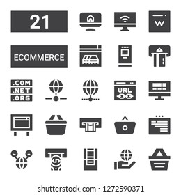 ecommerce icon set. Collection of 21 filled ecommerce icons included Shopping basket, Internet, Atm, Web, Website, Url, Domain, Ecommerce