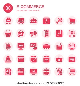 e-commerce icon set. Collection of 30 filled e-commerce icons included Shopping cart, Trolley, Box, Payment method, Shopping basket, Marketing, Delivery cart, , Buy, Web design