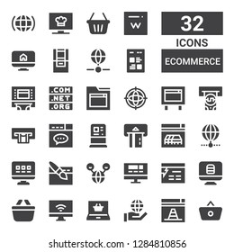 ecommerce icon set. Collection of 32 filled ecommerce icons included Shopping basket, Website, Internet, Shopping online, Web, Atm, Domain, Ecommerce, Channel