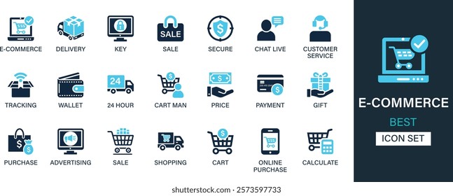 E-Commerce icon set collection. Delivery, key, sale, secure, chat live, customer service, tracking, wallet, price, payment, gift and best solid icon set.