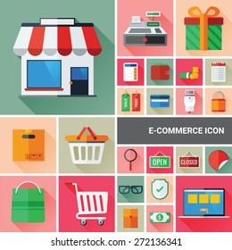 Ecommerce icon set collection with flat and long shadow design.