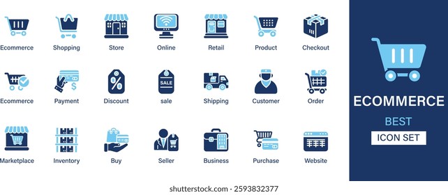 Ecommerce icon set collection. Shopping, store, online, retail, product, checkout, payment, discount, marketplace, inventory, buy, business. And solid icons.